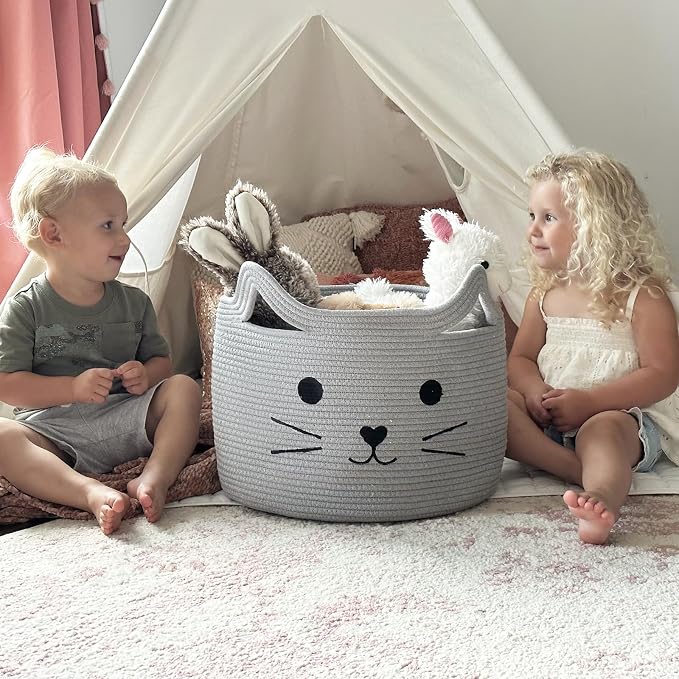Large Woven Rope Cat Toy Basket with Cat Face Design, Grey | 15.7" x 11.8" Toy Bin & Box for Living Room Nursery, Baby Storage Basket for Towels, Blankets, with Sturdy Handles