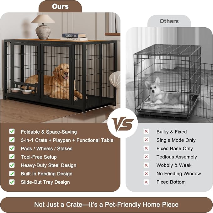 43.3" Heavy Duty Large Dog Crate with Wheels & Feeding Bowls, 3 in 1 Foldable Extra Large Dog Kennel & Playpen, Indestructible Escape-Proof Metal for Large Dogs, Indoor Outdoor, Rustic Brown