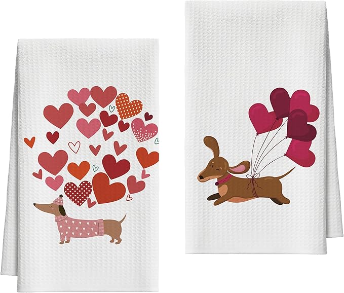 Kitchen Towels Set of 2, Dachshund Dish Towel for Kitchen, Decorative Hand Towels for Bathroom, Fast Drying Tea Towel with Love, Housewarming Gifts for Wiener Dog Lover Women Mom -B02