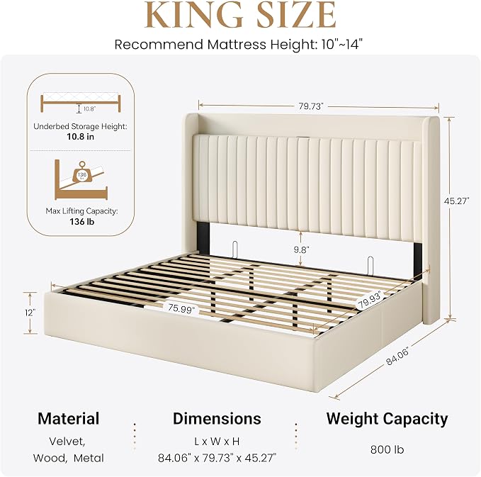 SHA CERLIN King Size Lift Up Storage Bed Frame, Charging Station, Cream | Storage Headboard with Charging Station, USB, Type-C Port Velvet Hydraulic Storage Bed No Box Spring Needed Noise Free
