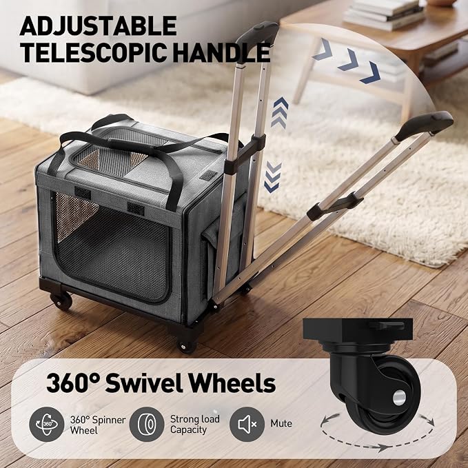 Rolling Cat Carrier with Wheels, 16.5 x 13 x 11.8 in, Light Gray | Expandable, foldable soft-sided carrier with detachable wheels and telescopic handle for cats and small dogs
