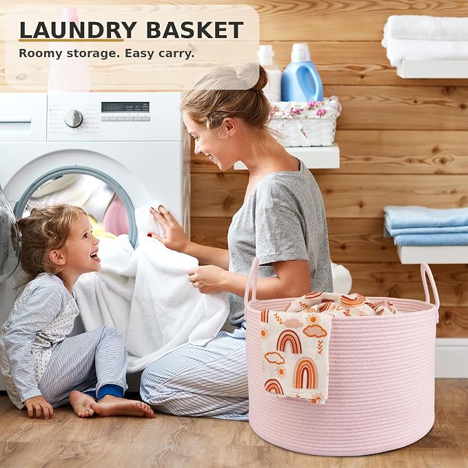XUANGUO 66L Large Blanket Basket, Round Cotton Rope Basket, Light Pink | 20" x 13" Laundry Basket with Sturdy Handles for Blankets, Pillows and Toys; Storage for Living Room, Bedroom and Nursery