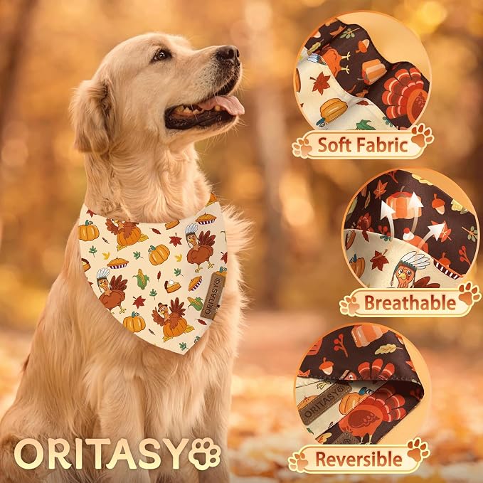 Thanksgiving Fall Dog Bandanas, 2-Pack Triangle Reversible Turkey Pumpkin Pet Scarves, Premium Fabric, Bandana for All Boys Girls Dogs (Small, Style 1)