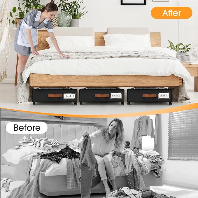Under Bed Storage with Wheels 3Pack Storage Containers with Clear Window | Under Bed Drawers Rolling Under Bed Storage for Clothes,Shoes, Blankets (30.71 x 16.93 x 6.69 in, Black)