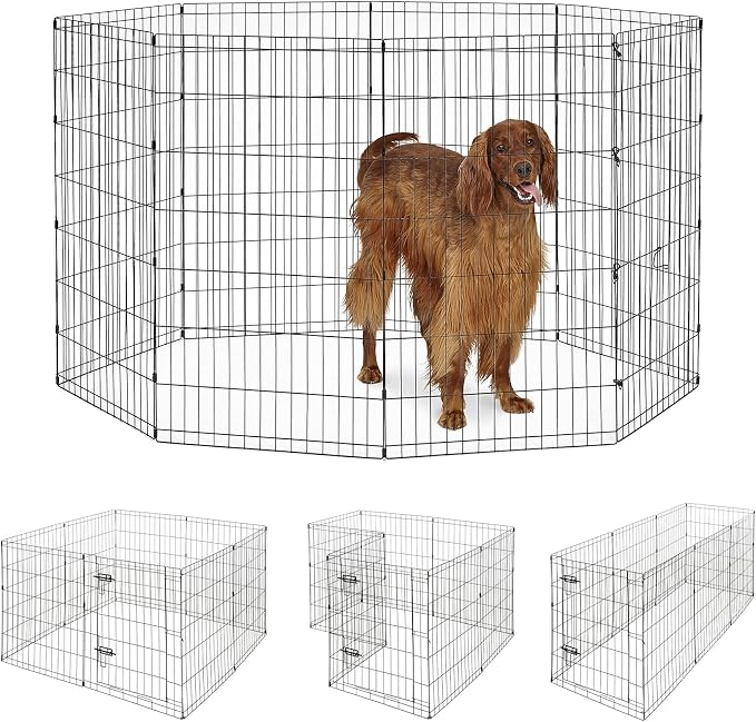 8-Panel Foldable Metal Dog Exercise Pen – 24/30/36/42/48 Inch Height, Step-Through Door Design, Indoor/Outdoor Playpen for Puppies & Dogs, Black Epoxy Coated Heavy Duty Pet Fence