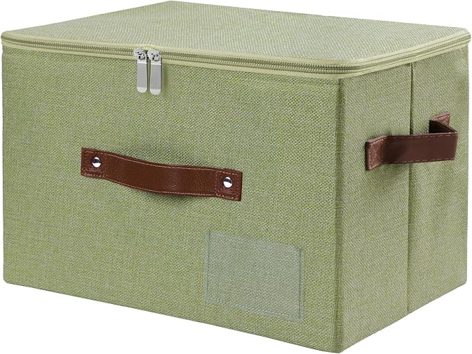ANMINY Storage Box Fabric Bins with Zipper Lid, 15"x10"x10" Green | Keepsake Box, Decorative, Cotton Linen, Reinforced PP Board Frame, Washable, Stackable & Foldable, Label Holder & PU Handles