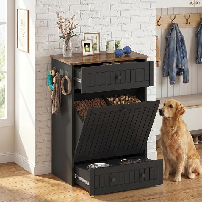 Dog Feeding Station Cabinet Elevated Bowls (Black, Classic Panel) | Slow Feeder Insert, Large food bin, Removable Divider, 3 Side Hooks, Pull-Out Drawer, Easy to Clean for Small & Middle Dogs