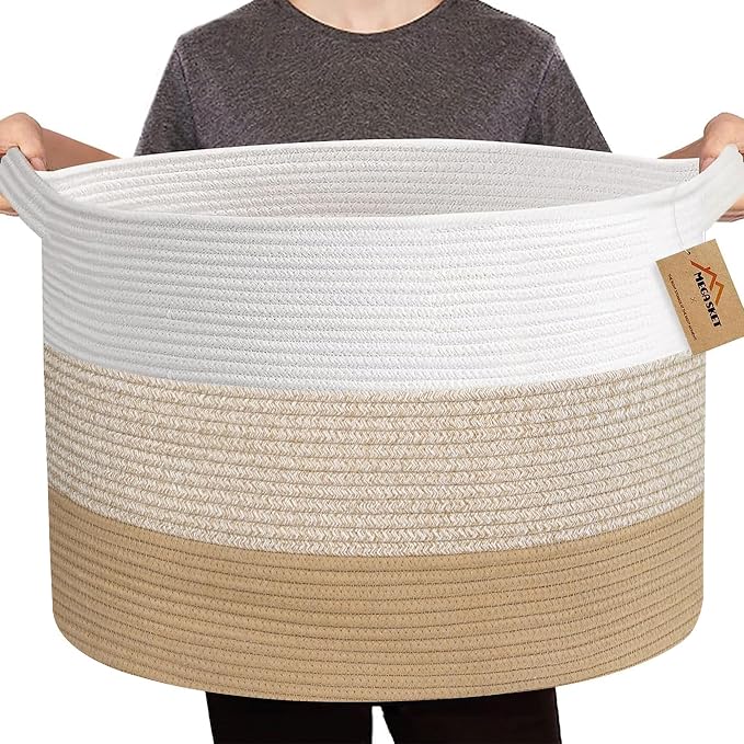 MEGASKET Extra Large Storage Basket, 22” X 22” X 14” Blanket Basket Living Room, Kids Toy Box Organizer, Woven Cotton Rope Baskets for Storage, Soft Dog Toy Bin, Wicker Pillow Blanket Holder