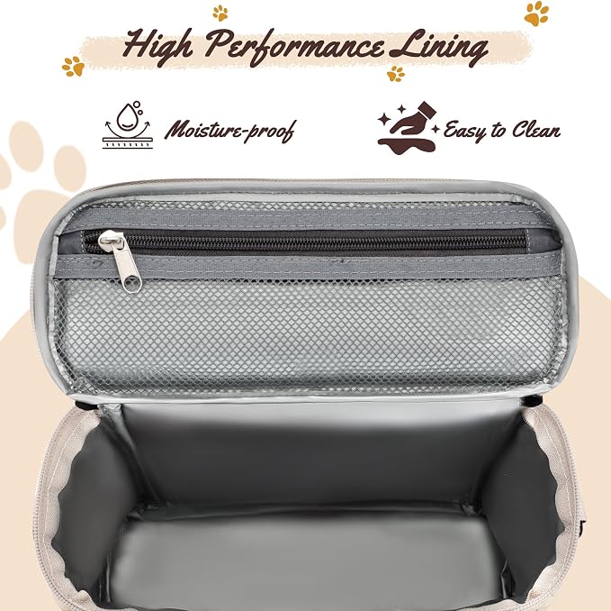 Modoker Compact Dog Travel Bag Set with 2 Bowls and Food Bags, 7.6L Beige | Under-Seat Pet Travel Organizer with 2 Food Bags, 2 Collapsible Bowls, Feeding Mat, Multiple Pockets and Adjustable Flap