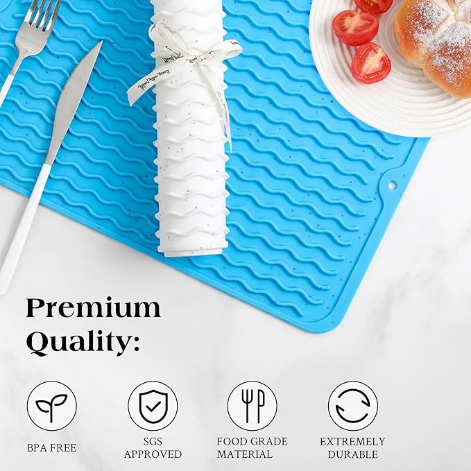 CAKETIME 2 Pack Colorful Silicone Dish Drying Mat for Kitchen Counter Multiple Usage for Cooking Camping Office Table Desk Coffee Cute Gadgets Pioneer Woman Stuff Extra Large 24"*18" Blue