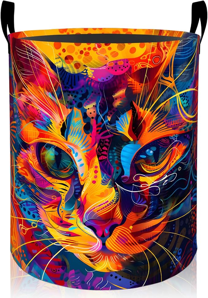 Colorful Cat Face Laundry Basket, Neon Kitten Foldable Oxford Cloth, Waterproof Dirty Clothes Hamper with Handles, Clothing Storage Bin Toy Organizer for Bedroom Dorm Bathroom, 19.7"x15.7"