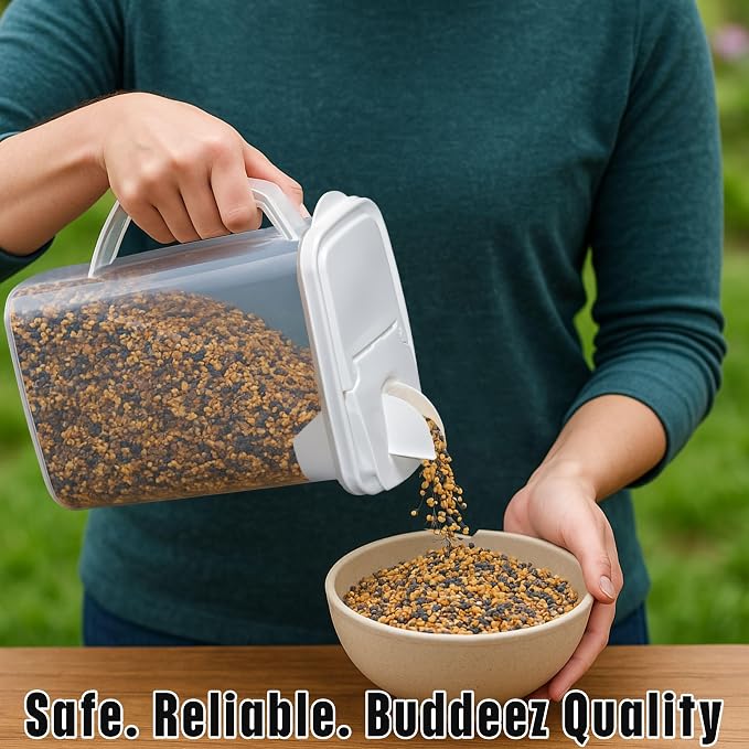 Buddeez Pet Food Storage Containers - 2 Count Bird Seed Dispenser with Pour Tight Lids and Easy Pour Spouts, 8 Qt and 3.5 Qt, Bird Seed Storage for Small and Large Feed, BPA Free
