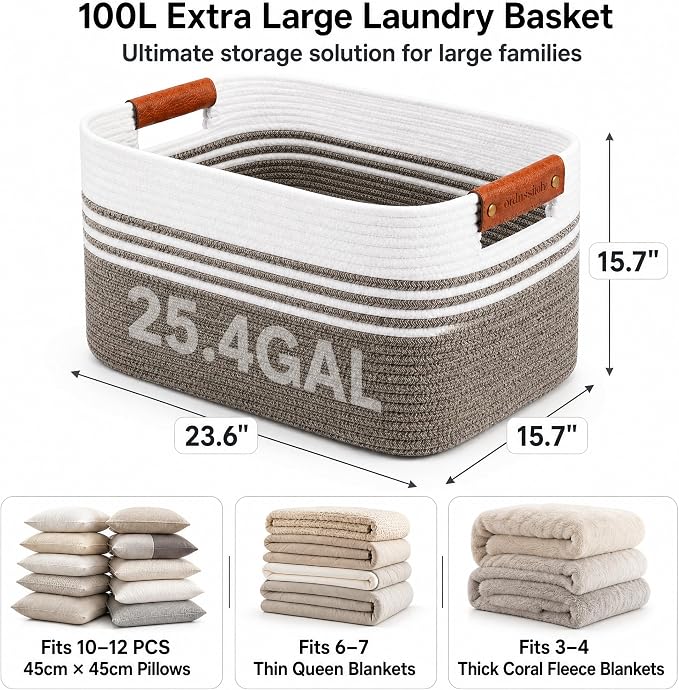 Cotton Rope Laundry Basket Extra Large, 25.4GAL Collapsible Woven Storage Baskets for Living Room Kids Toys Stuffed Animal,Boho Rectangular Decorative Hamper for Dirty Clothes, Blankets Dark Brown