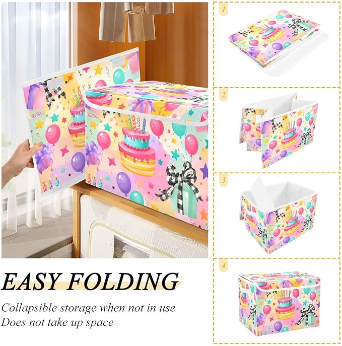 Birthday Cake Fabric Storage Bins with Lid Closet Storage Basket | Foldable & Stackable, Flip Top Dust Guard, Reinforced Handles, Home & Bedroom, Clothes & Toys, Oxford Print Basket