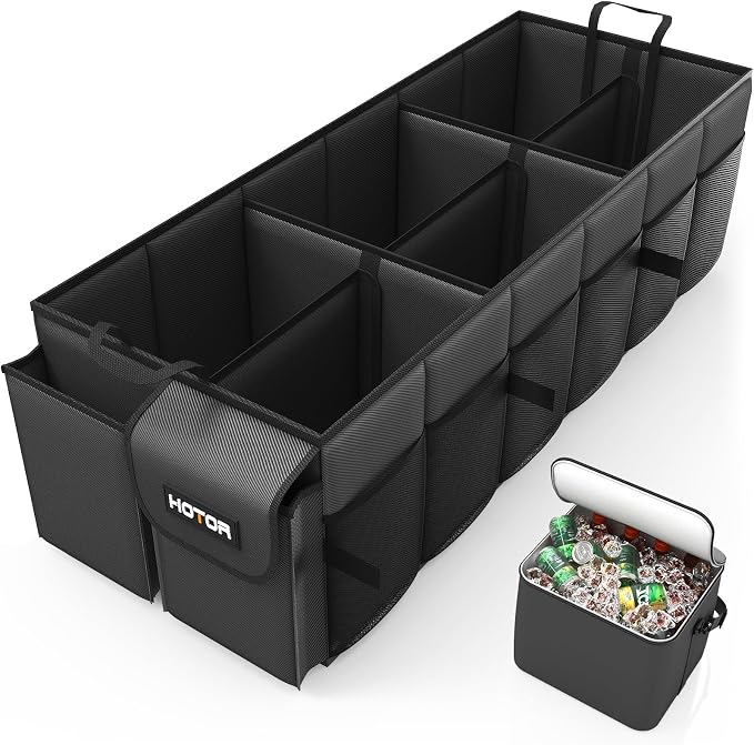 HOTOR Trunk Organizer, Sturdy Foldable with Cooler for Car, Sudan & SUV | Car Organizers and Storage, Detachable Cooler Bag, for Tools, Camping, 6 Compartments, Black, 34.8” x 15.9” x 11.6”