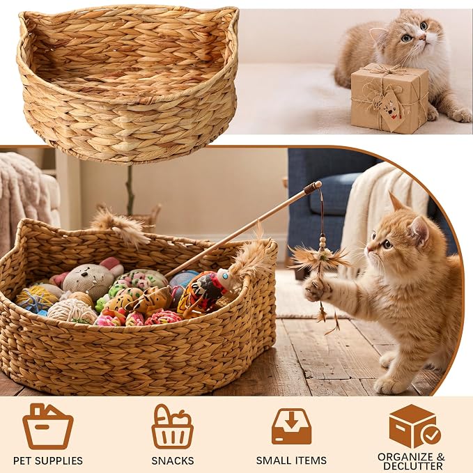 16×12×5 Inch Handwoven Cat Head Toy Storage Basket Natural Woven Bin Organizer for Gift Pet Toy Towels Blanket Clothes