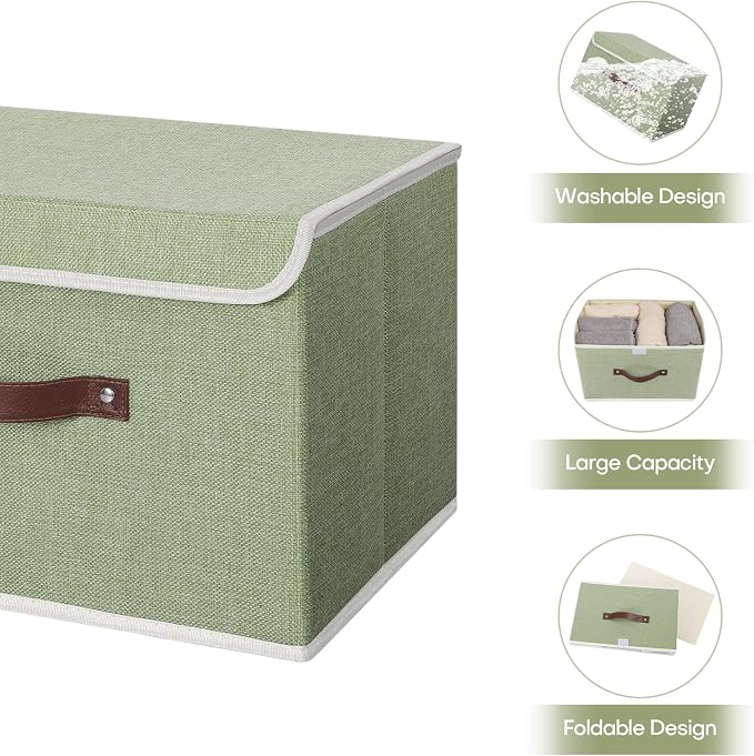 ANMINY Fabric Storage Box Bins with Lids, Green, 13"x9"x7.9" | Keepsake Memory Storage, Cotton Linen, PP Board Reinforced, Washable, PU Handles, Foldable & Stackable, Decorative, Medium