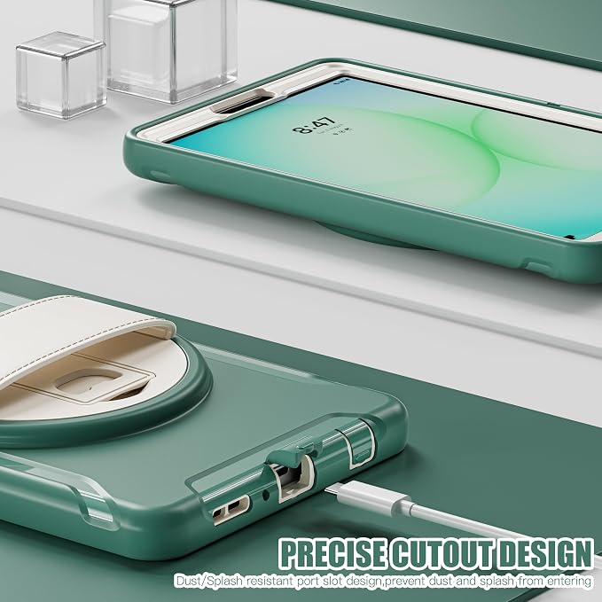 for Samsung Galaxy Tab A11 (2025) 8.7 inch Case 5G with Screen Protector, Hand Strap, Pen Holder & 360° Rotating Stand,Shockproof Protective Cover for SM-X130/X133/X135 (Green F)