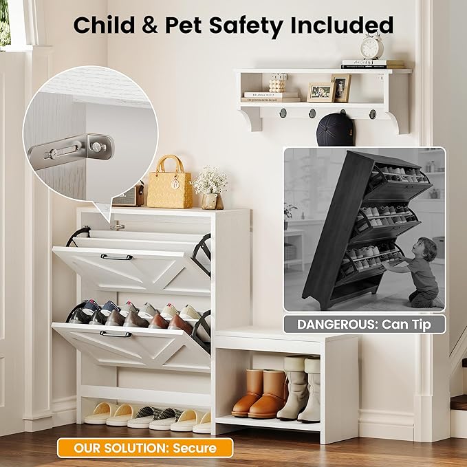 Homeiju Shoe Storage Cabinet Organizer with 2 Flip Drawers, Freestanding Narrow Shoe Rack for Entryway, Shoe Bench, Wall Ledge Shelf, Coat Hooks & Anti-Tip Safety for Kids & Pets – White