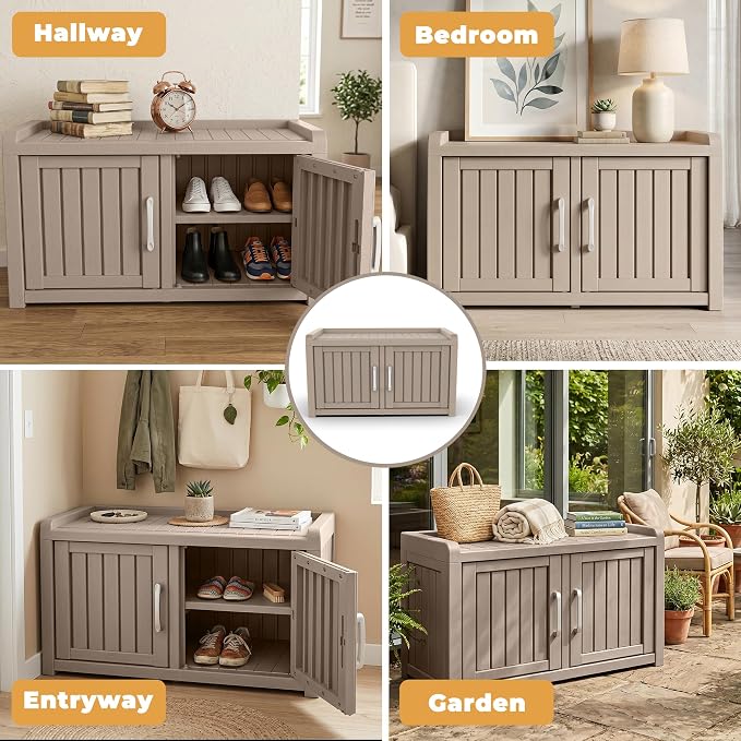 ROJIK Shoe Cabinet Waterproof UV-Resistant,Storage Bench Indoor Outdoor with Adjustable Shelves,for Entryway Bedroom,Hallway,Living Room(Double Door,Grey)