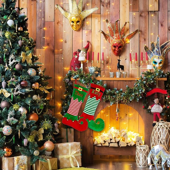 Personalized Christmas Stocking, Custom Christmas Stockings with Embroidery Name, 22" Large Elf Xmas Stocking for Kids, Fireplace Party Holiday Decoration(3 Pcs)