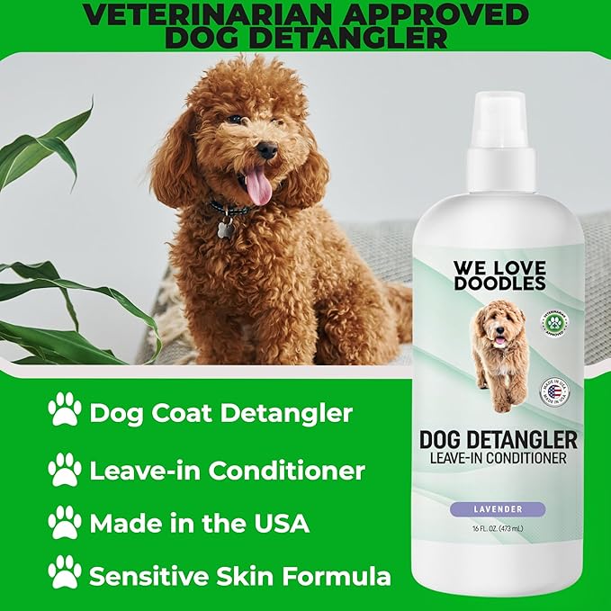 We Love Doodles Large Slicker Brush & Lavender Detangler Spray Pack - for Long-Haired Dogs, Dog Leave-In Conditioner for Reducing Mats, Knots & Tangles, Dematting & Conditioning Kit, 16 oz