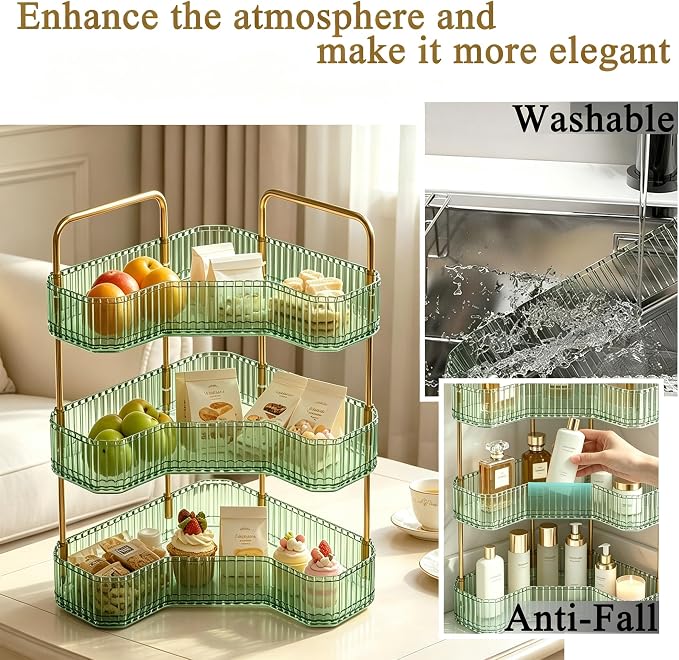 3-Tier Corner Bathroom Organizer, Skincare Vanity Counter Shelf Green | Premium PET Perfume Display Stand with Gold Metal Rods, Space-Saving 90 Degree Storage Rack for Dresser