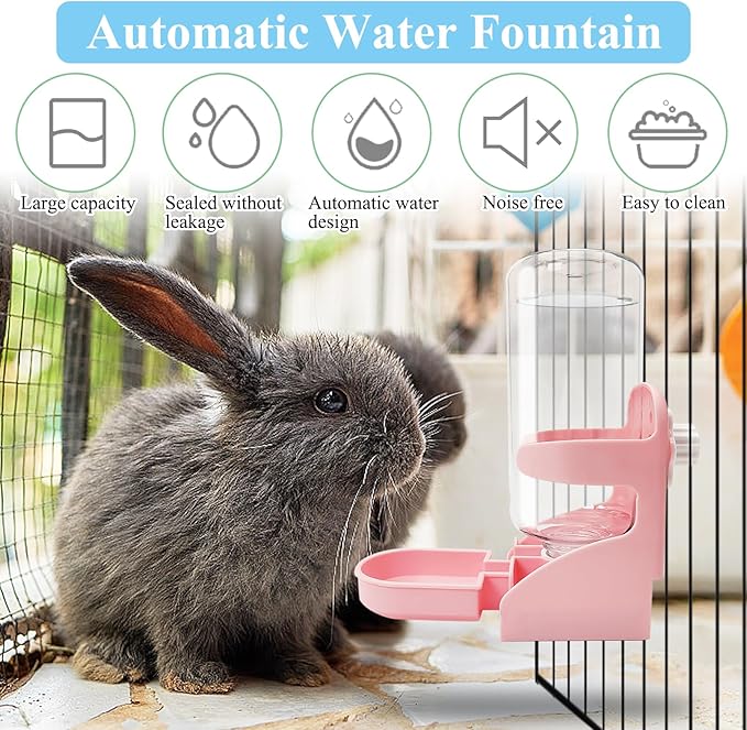 kathson Rabbit Water Dispenser for Cage 17 Oz Hanging Guinea Pig Water Bottle No Drip Gravity Automatic Bunny Water Bottle No Leak Small Animal Water Bottle for Chinchilla Ferret Hamster（Pink）