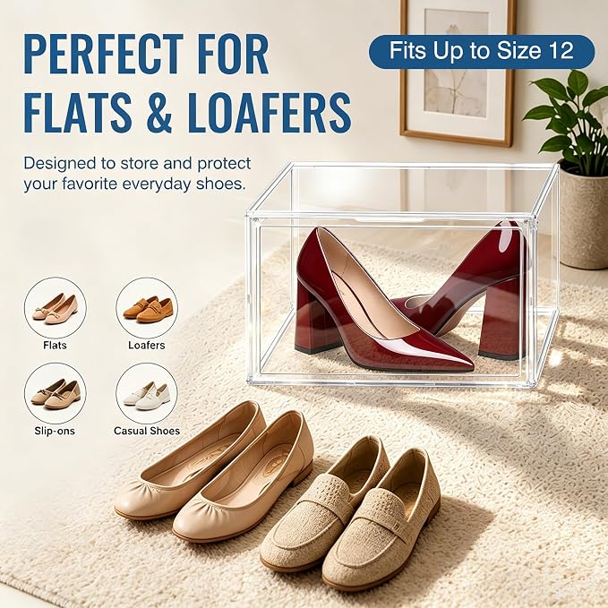 12 Pack Low Profile Clear Shoe Storage Box for Flats,Loafers,Heels | Space-saving 7.6-inch height fits under shelves &cabinets.Ideal for flats,loafers,slip-ons&compact living.1 Pack Fit Size 12