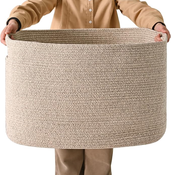 ICERZCZ Large Storage Basket for Organizing, Blanket Basket for Living Room, Large Toy Baskets for Storage, Woven Cotton Rope Baskets for Blankets, Clothes, Shoes, Brown, 25”x16”x16” (105L)