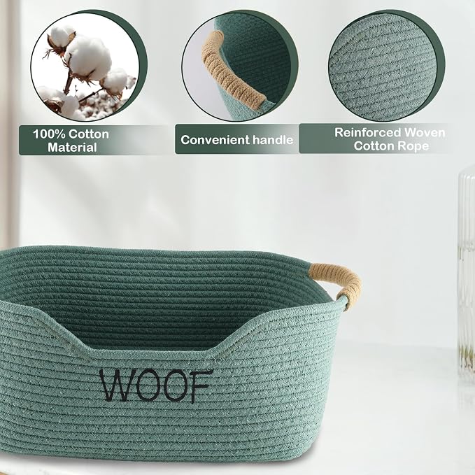 2 Pack Dog Toy Baskets,Pet Rope Basket for Dog Cat Toys,Dog Toy Bin with Handles,Woof Puppy Toy Storage Basket,Puppy Bed,Dog Stuff Organizer for Toys,Collar,Leash,Nursing Supplies-Green