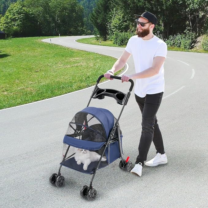 Pet Stroller for Small Medium Dogs Up to 40lbs, 4 Wheels Folding Pet Carriage Cart for Dogs Cats, Portable Cat Puppy Jogging Stroller with Rear Pocket and Cup Holder (Upgraded, Navy Blue)