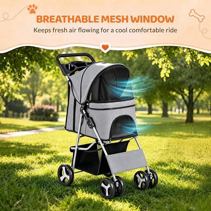 ZENY Foldable Pet Stroller, Cat/Dog Stroller with 4 Wheels | Pet Travel Carrier Strolling Cart with Storage Basket, Cup Holder (Grey)