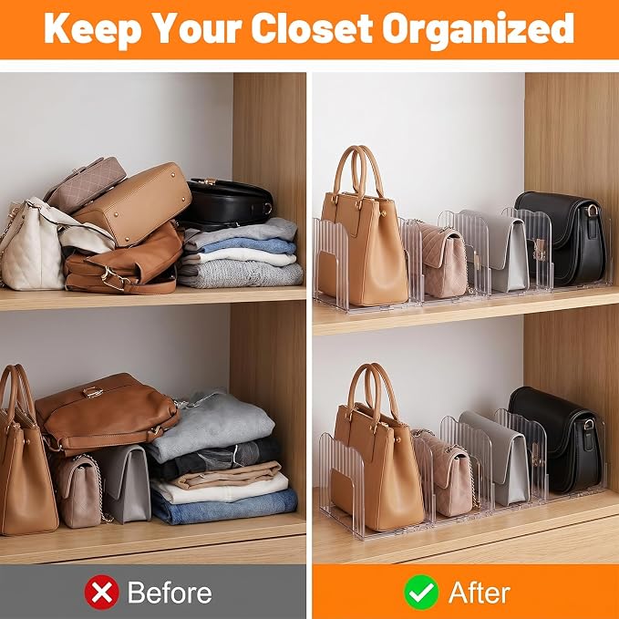 4 Sets Clear Purse Organizer for Closet, 16 Pcs Adjustable PET Handbag Storage Shelf Dividers, Clutch Separator for Shelves, Books, Accessories – No Assembly Needed