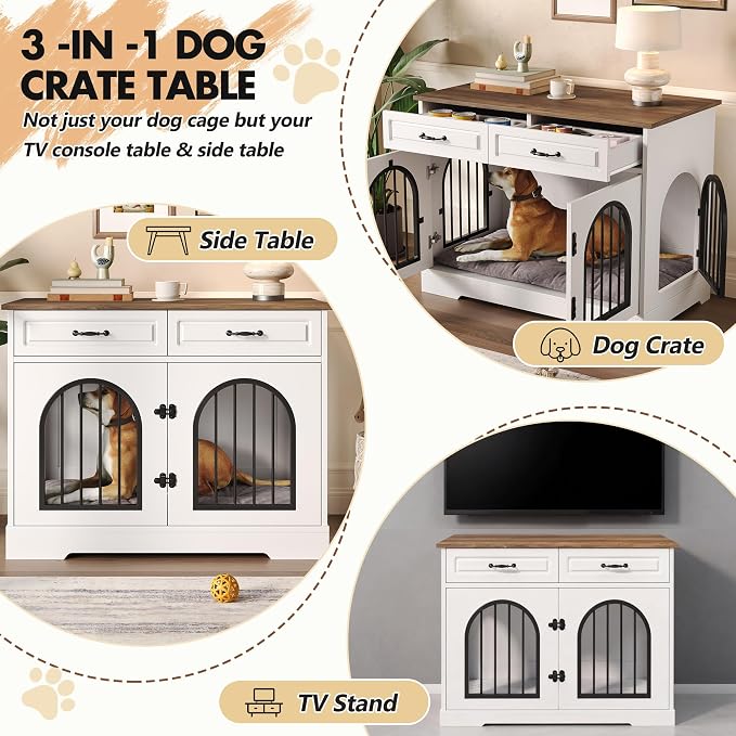 43.3" Dog Crate Furniture for Medium Large Dogs, Heavy Duty Indoor Kennel with Side Doors and 2 Storage Drawers, End Table Dog Cage, MDF & Iron Construction, White & Brown, Sturdy TV Stand Furniture