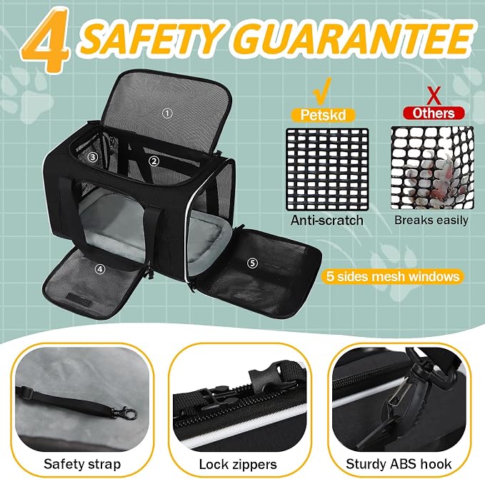Small Pet Carrier 18" L x 13" W x 9.5" H Airline Approved, Black | for Southwest Airlines, Lockable Safety Zippers and Anti-Scratch Mesh, Pets Under 10 lbs