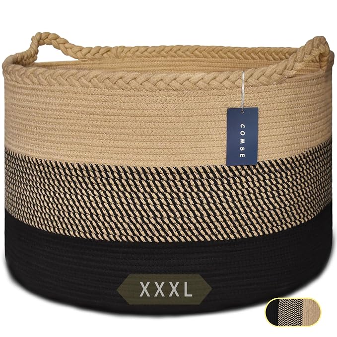 COMSE XXXLarge Woven Blanket & Laundry Basket, 87L, Brown & Black | 21.7" x 13.8", Cotton Rope, Nursery Hamper for Storage of Toys Clothes Towels, Ideal for Living Room Bedroom Bathroom