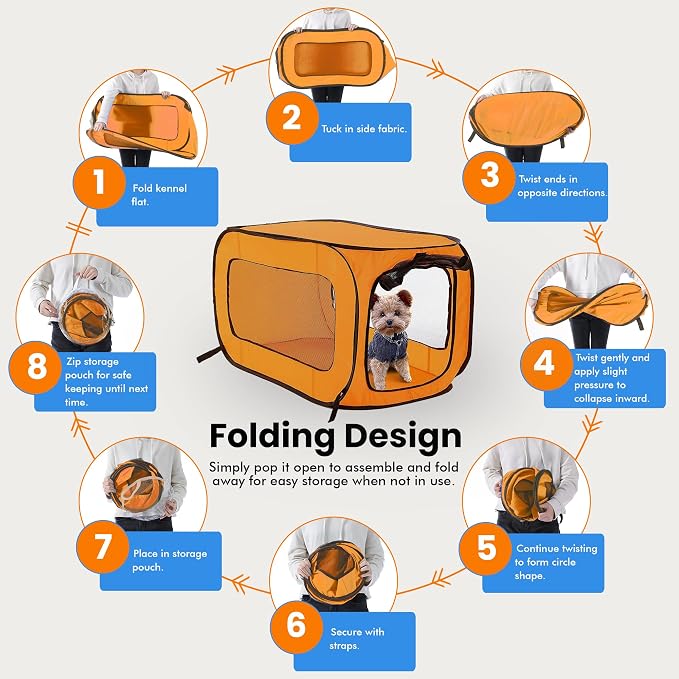 Portable Collapsible Pop Up Kennel, 36" L x 22" W x 22" H, Orange | Collapsible indoor/outdoor travel cat and dog crate with mesh screen windows pops up and folds flat for easy storage