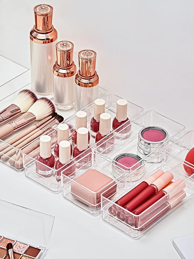 SMARTAKE 22 PCS Drawer Organizer, 4-Size Desk Bathroom Drawer Organizer | 4-Size Storage Tray with Non-Slip Silicone Pads for Makeup, Jewelries, Utensils in Bedroom Dresser, Office and Kitchen, Clear