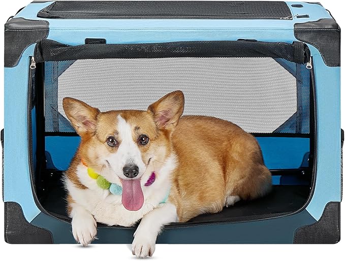 JOYTUTUS Collapsible Dog Crate, 26 Inch Portable Pet Crate for Car, Travel Dog Kennel Foldable Dog Crate for Medium Dog 44lbs, Soft Cat Carrier Fit for Indoor & Outdoor/Car Back Seat/Trunk (Blue)