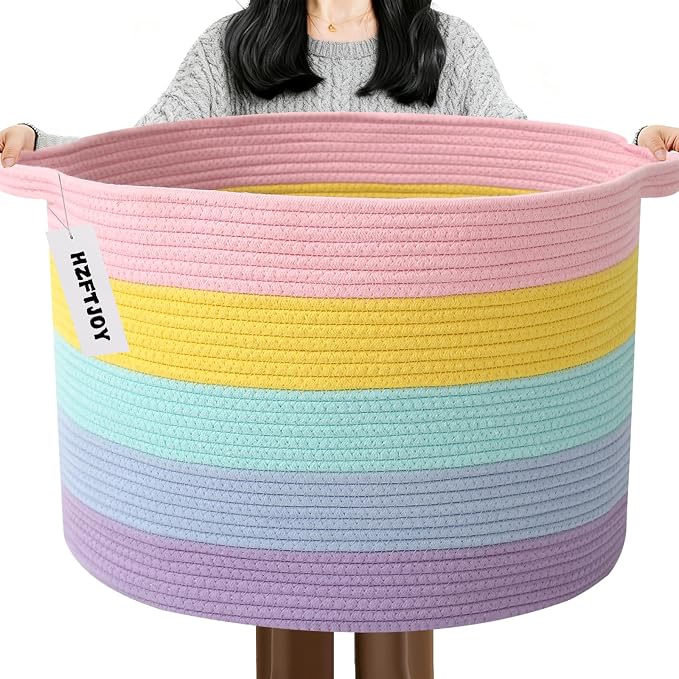 115L Large Blanket Basket,Rope Woven Laundry Basket-Colorful | Collapsible, reinforced handles, nursery storage bin organizes clothes, toys and pillows for living room, bedroom bathroom