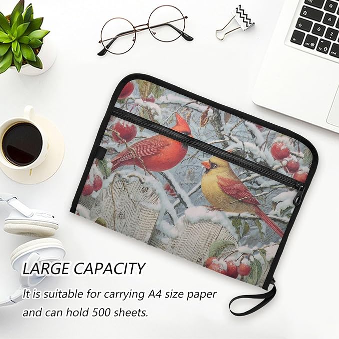 Cardinals Among Snow-Covered Apples Expanding File Folder with Sticky Labels, 13 Pockets Accordion File Folder Document Organizer Expandable Zip File Folder with Zipper Closure