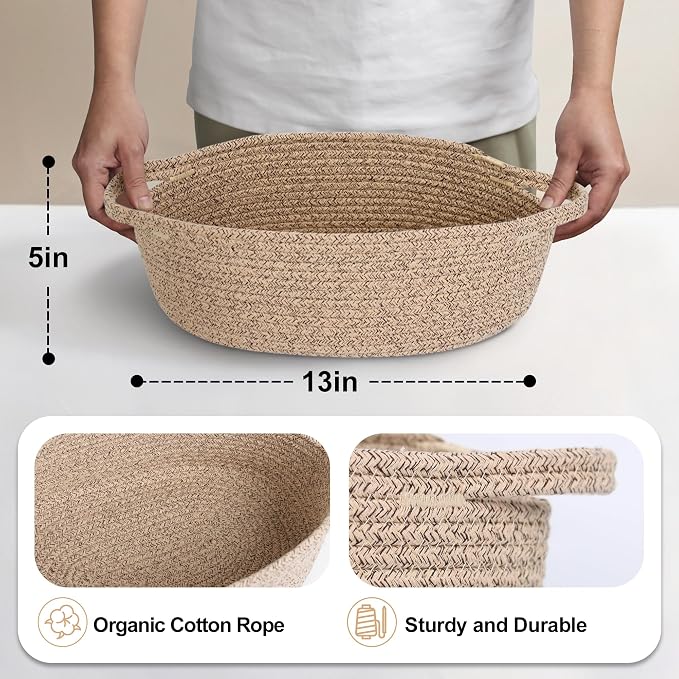 Brown Variegated Small Woven Basket, 13” x 9” x 5” Baskets for Gifts Empty, Cotton Rope Gift Basket, Cute Nursery Baby Organizer, Cat Dog Toy Bin Box, Wicker Storage Bin with Handle