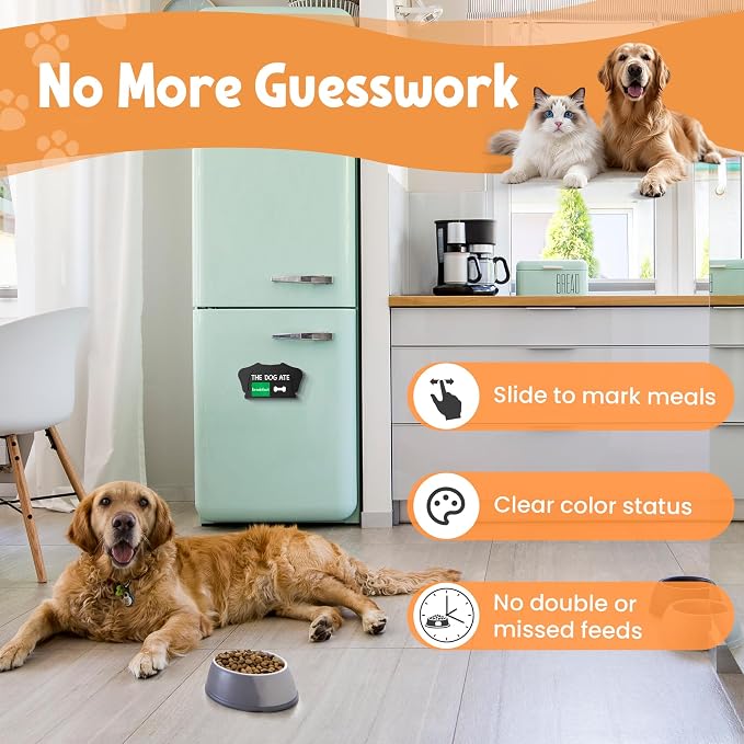 Dog Feeding Reminder Sign, Magnetic Pet Fed Schedule Chart with Slider, Breakfast & Dinner Tracker for Fridge, Prevent Overfeeding, Unique Dog Ear Shape Acrylic Sign, 5.5" x 3", Walnut