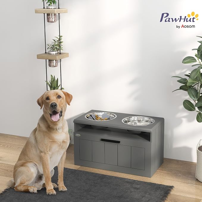 PawHut Elevated Dog Bowls Raised Dog Feeder with Storage Gray | 2 Stainless Steel Bowls, Slow Feeder Mat, Feeding Station, Large Extra Large Breeds
