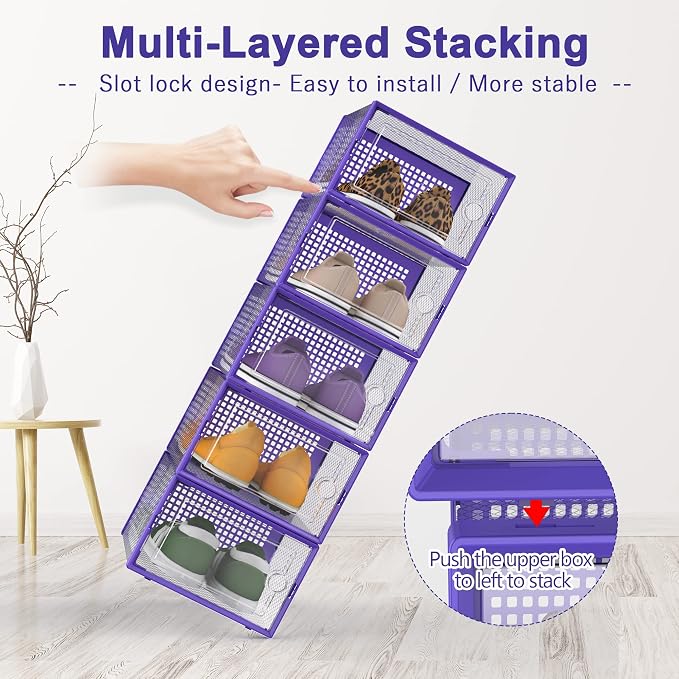 Kuject Large Shoe Organizers Storage Boxes for Closet, 12 Pack Clear Plastic Stackable Storage Bins with Lids, Under Bed Shoe Containers for Entryway, Drop Front, Fit up to Women's Size 10,Purple