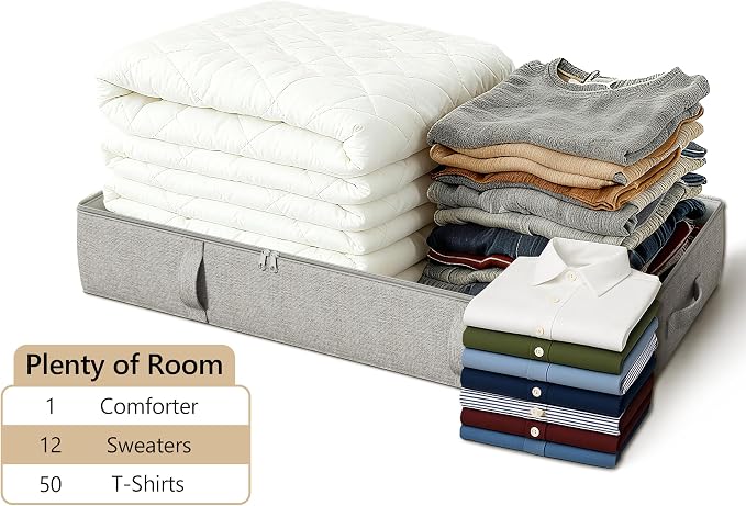2-Pack Under Bed Storage Containers, 8 Inches Tall Clothes Storage, Gray | Large Capacity Collapsible Underbed Organizer with Sturdy Sidewalls/Bottom, Cotton Linen Bins, For Seasonal Clothes & Bedding