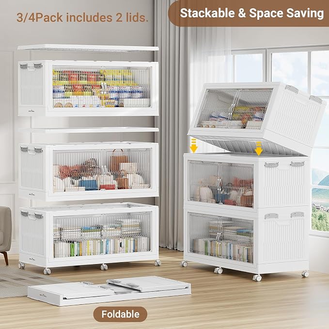 BROVIEW 1020QT Extra Large Stackable Storage Bins with Lid, 3Pack White | 255Gal Plastic Collapsible Cabinets Containers, Wheels & PET Doors, Foldable Closet Organizers Drawers for Office, Dorm