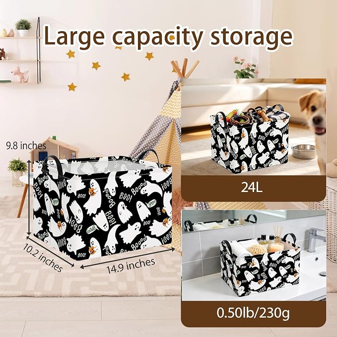 NTAO Gift Storage Basket Empty for Halloween, Storage Bin with Handles, Room Decor, Book Box(Black Ghost Boo)