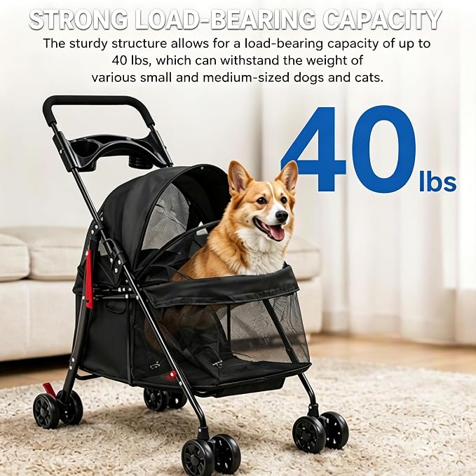 Foldable Pet Cart for Small to Medium Dogs & Cats, 10-40lbs Capacity Lightweight Travel Pet Stroller (Black)
